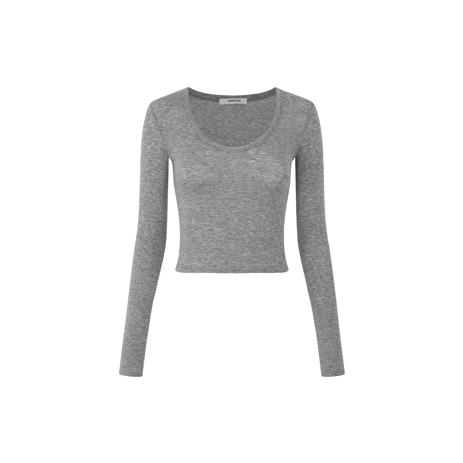 

CHICYOU Slim-Fit Lyocell Wool Tee - Large Round Neck, Long-Sleeved, Thin & Translucent, Super Flattering Top Small