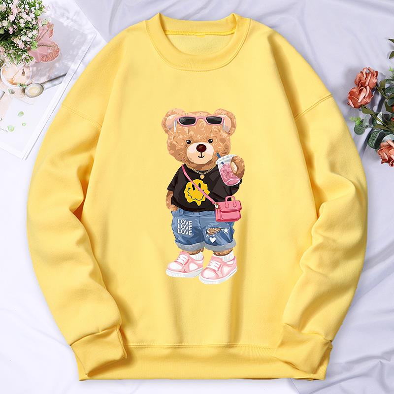 Bärenschwester Milchtee trinken Druck Damen Hoodie Herbst Warmes Sweatshirt Lässige Kapuzenpullover Hip Hop Lockere Pullover Oberteil