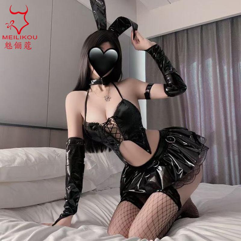 Sex lingerie two-dimensional COS anime little witch cosplay sexy split patent leather strap uniform