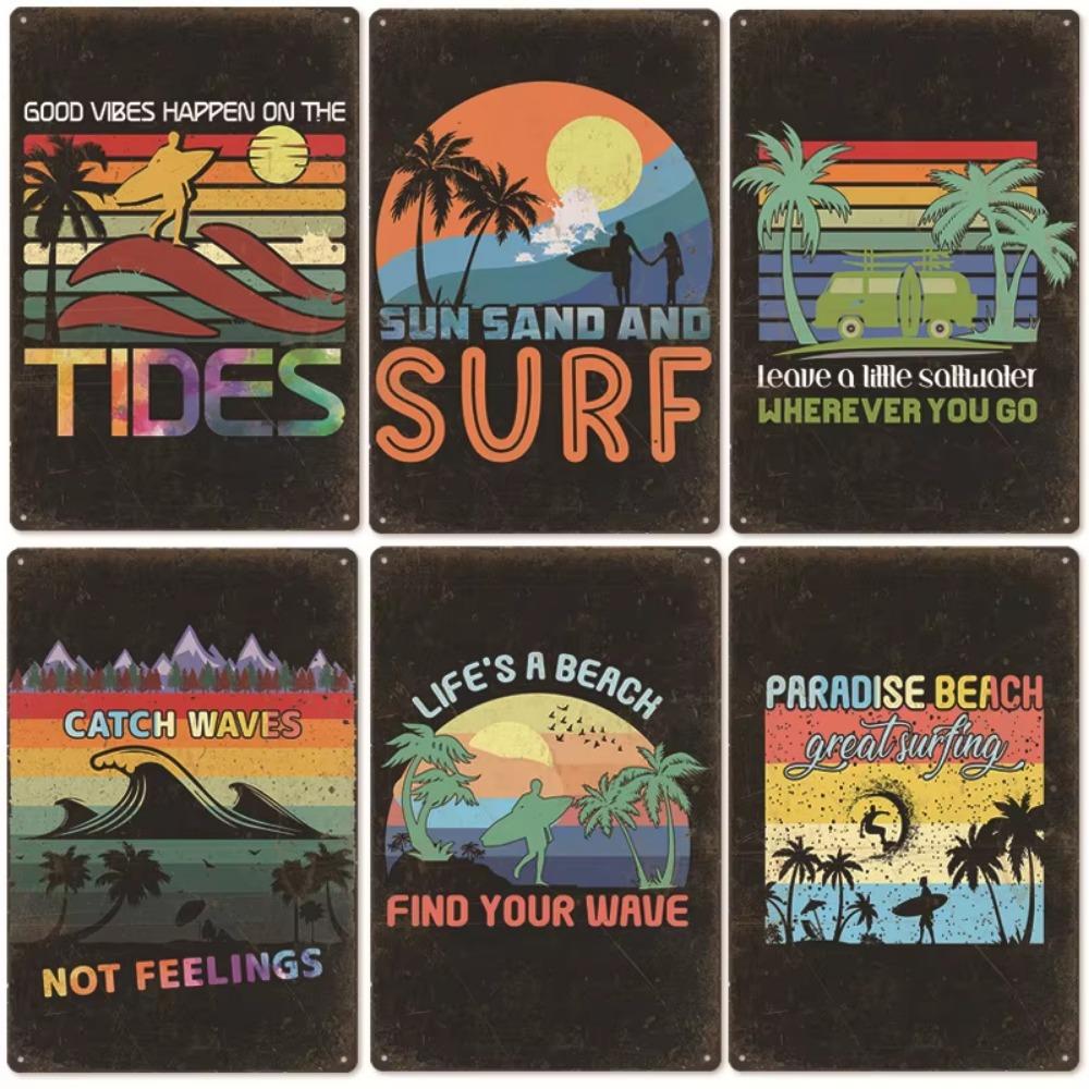 Vintage Tin Art: Summer Beach Scene - Ideal for American Bar Backdrops and Home Decor Wall Murals