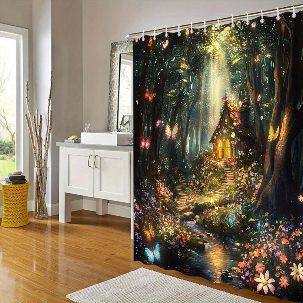 Enchanted Forest Fantasy Shower Curtain - Multicolored Butterflies & Flowers, Rustic Cottage Design, Polyester