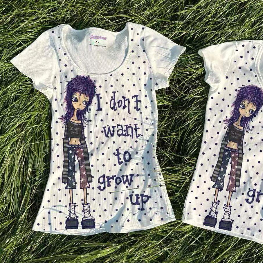 Japanese Y2k Anime Print T-shirt 2000s Polka Dots T Shirts Vintage Harajuku Short Sleeve Tee American Retro Street hottie top