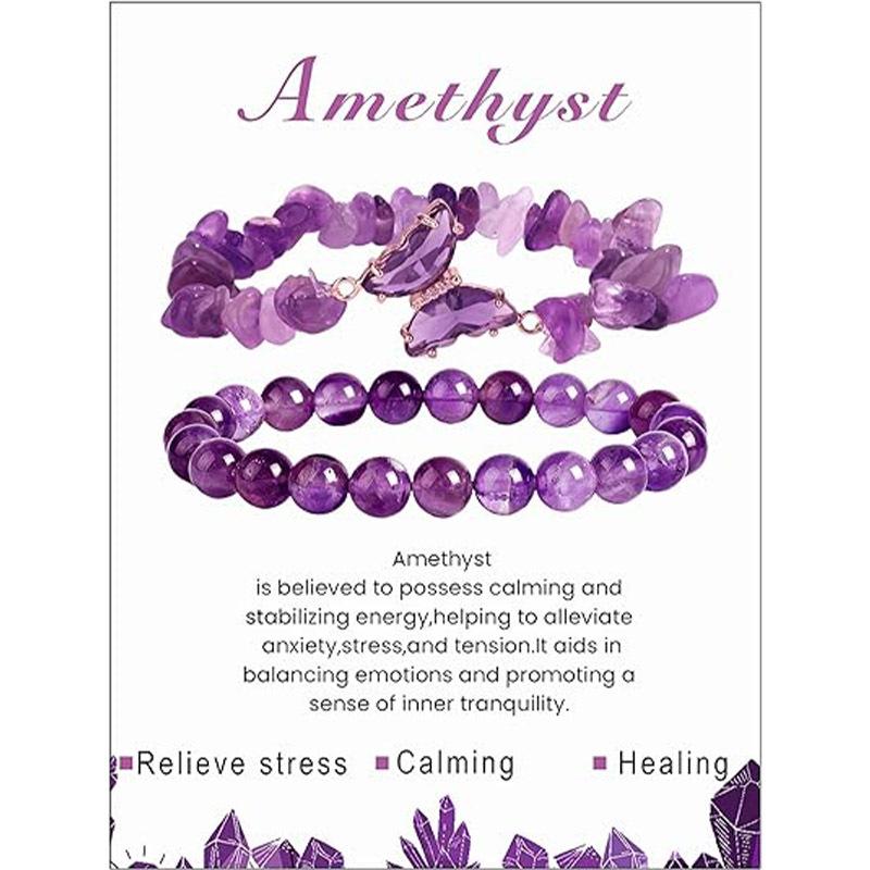 

Новый браслет из натурального камня 8 мм на эластичной нити с необработанным камнем, набор браслетов-бабочек для женщин аметист