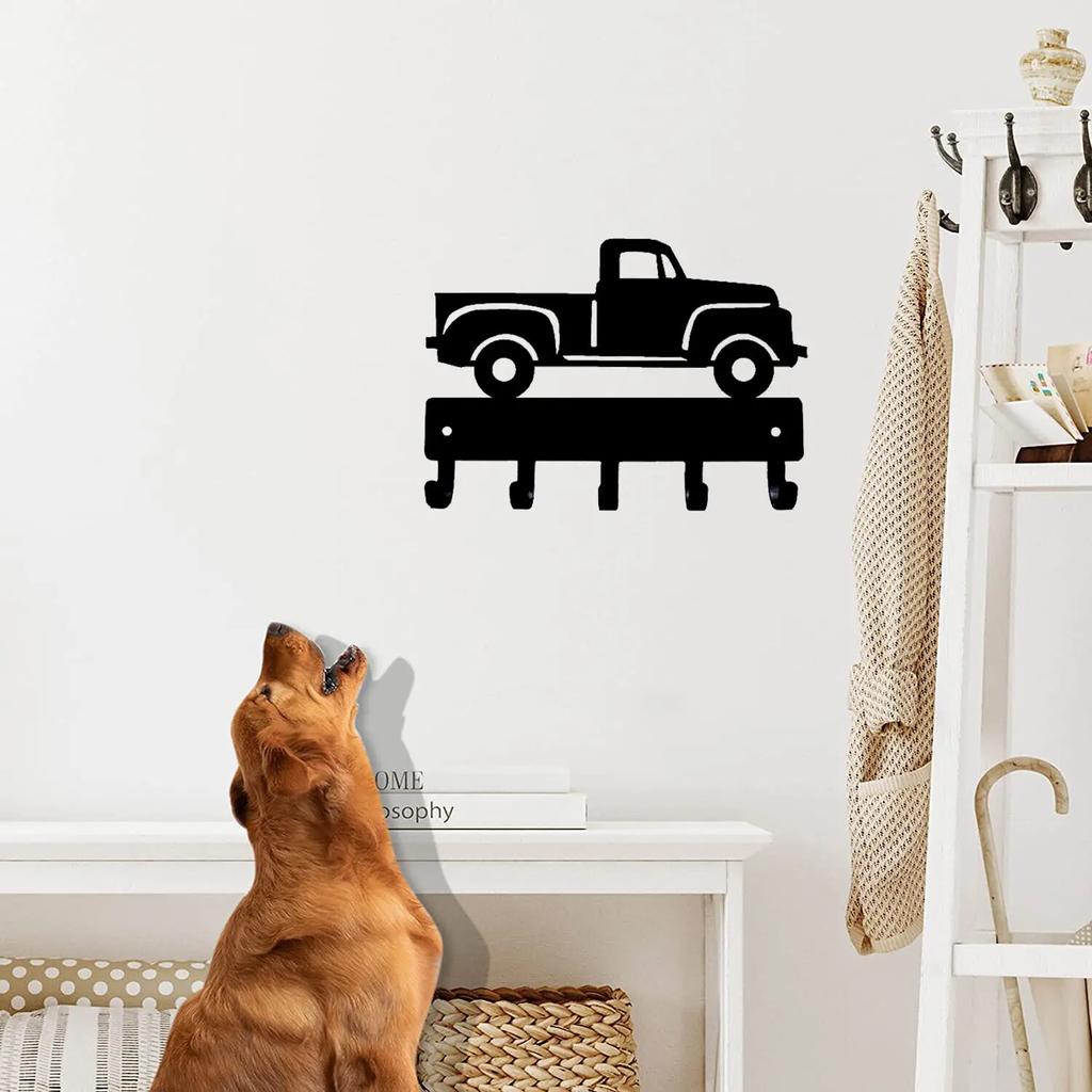 Vintage Pickup Truck Key Rack Hanger - 6 inch Wide Metal Wall Art Wall-mounted, Hooks Organizer for Keys and Accessories