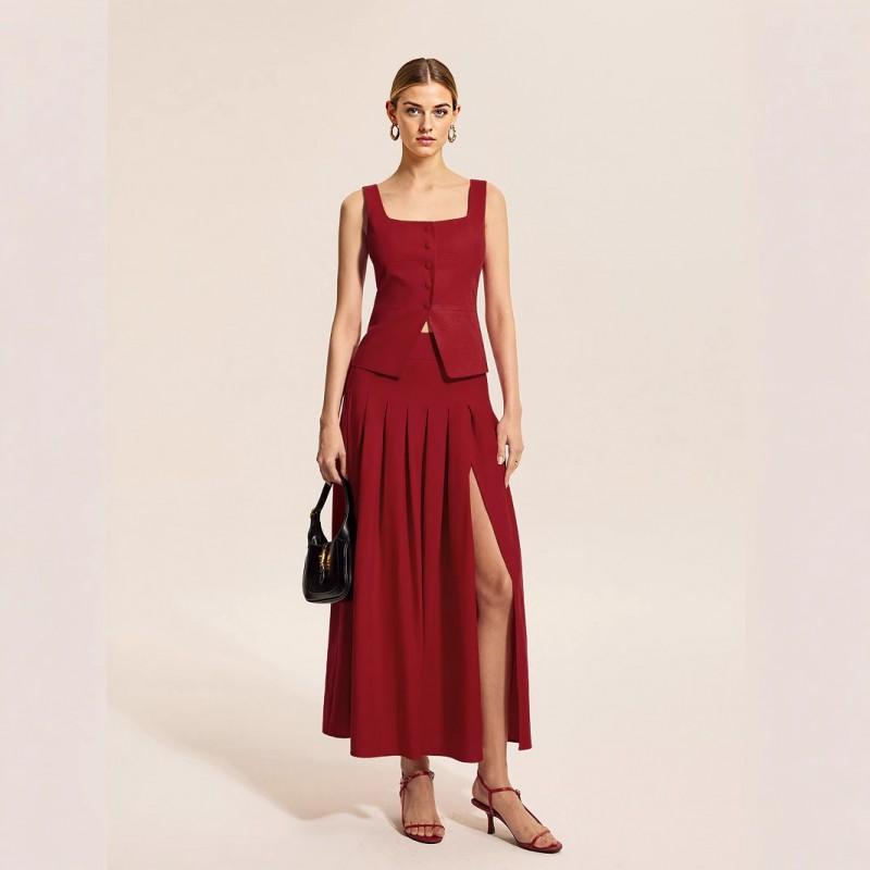 Womens Elegant Sleeveless Wrap Top A-Line Midi Skirt Set Office Casual Outfit XS