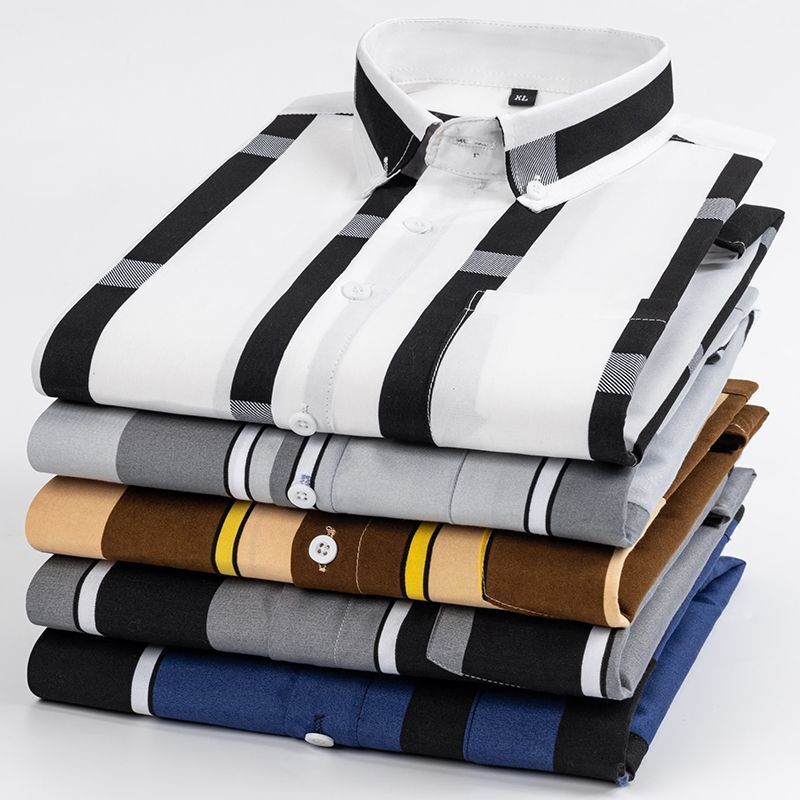 Y2k Spring and Autumn Men's Striped Shirt Long Sleeve Business Casual Square Collar Regular Fit Anti-wrinkle Pocket Male Shirt
