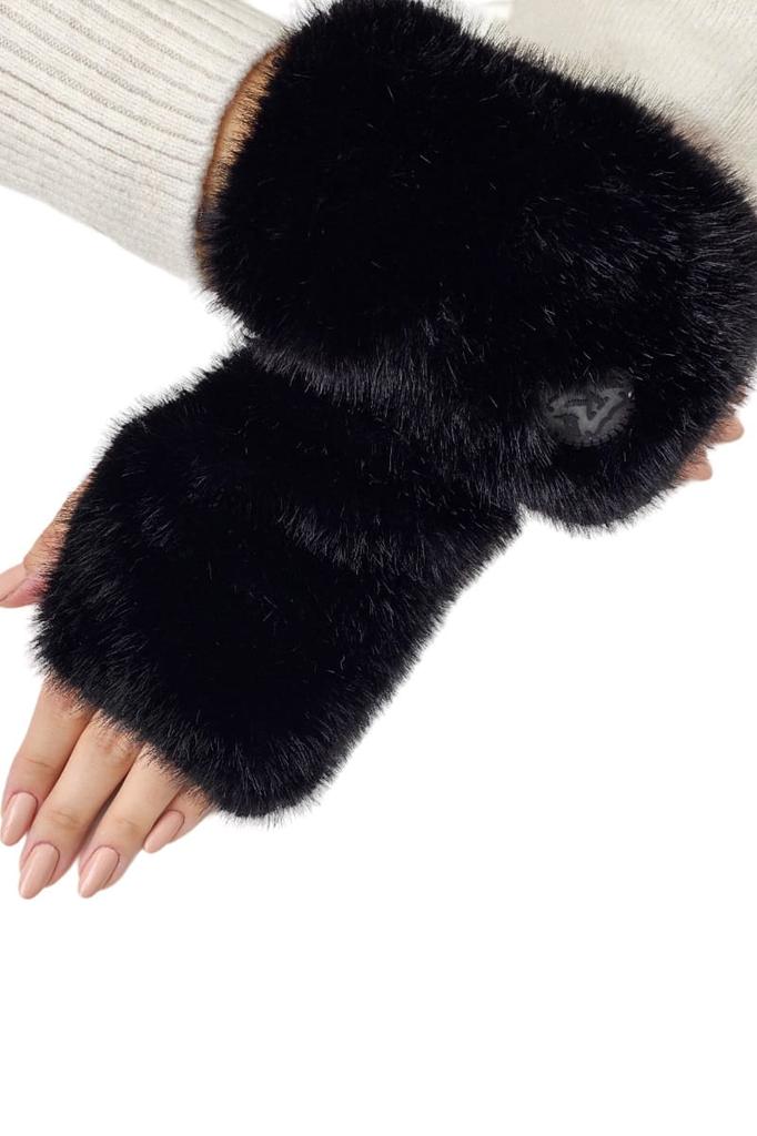 Aster-Mittens, Fingerless Gloves, Eco Fur, Soft Like Chinchilla, Black
