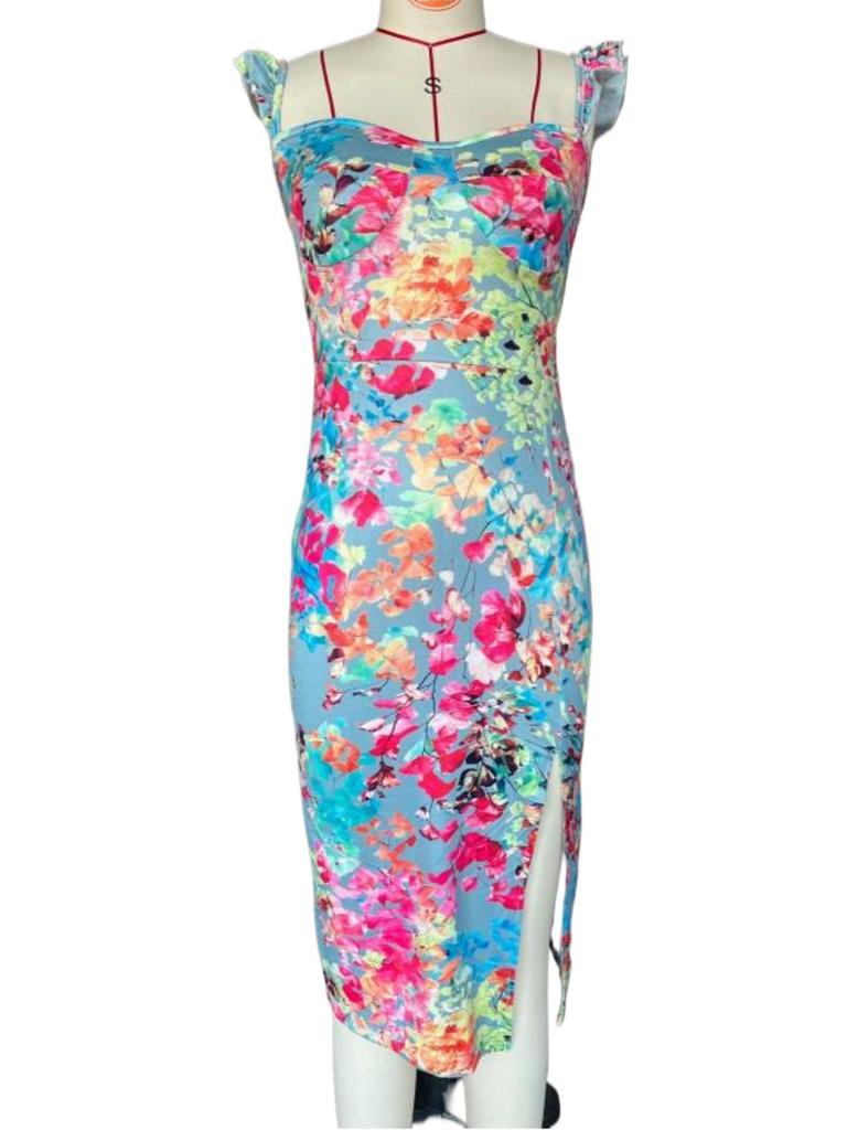 2025 Summer Elegant French Floral Slit Midi Dress