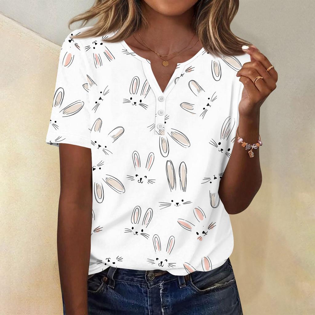 Damen T-Shirt mit Aufdruck und Knopfleiste, kurzärmelig, für den Alltag, Wochenendmode, Basic, V-Ausschnitt, normales Oberteil