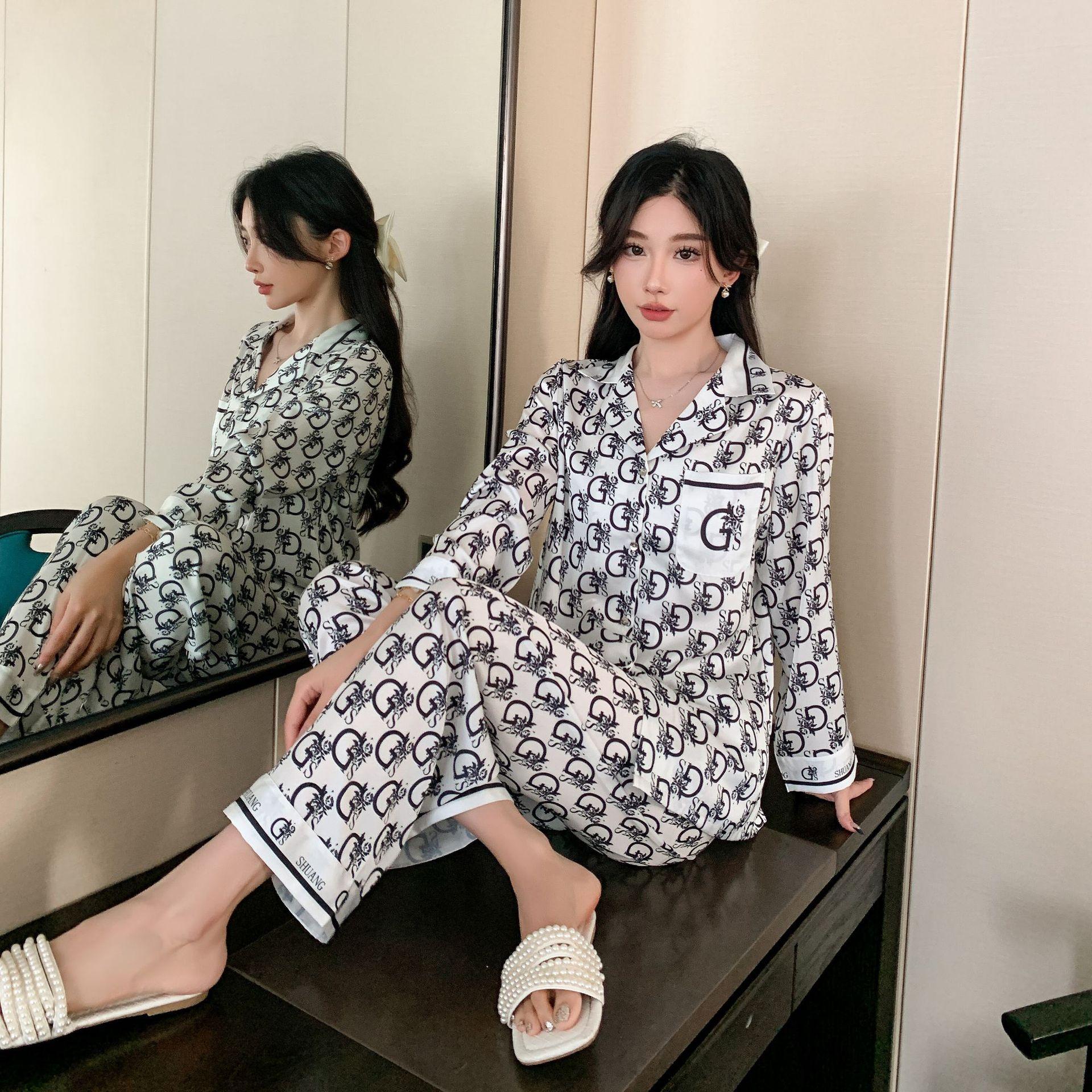 

Осенние новые брюки из сетки Ice Silk с длинными рукавами, женская пижама, простой повседневный кардиган, комплект домашней одежды XL чёрный