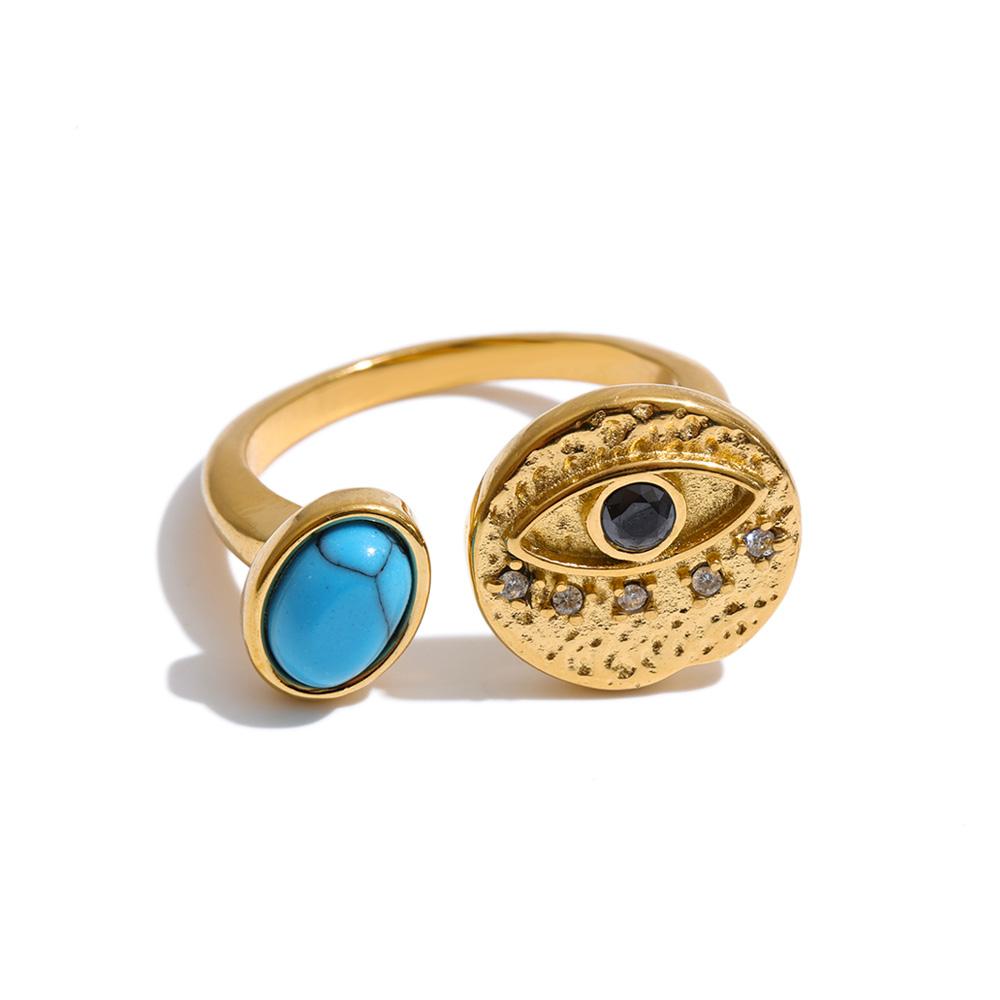 

Yhpup 2026 New Arrivals Turquoise Zircon Eye Adjustable Ring PVD Plated Stainless Steel Vintage Stylish Unique Daily Jewelry resizable