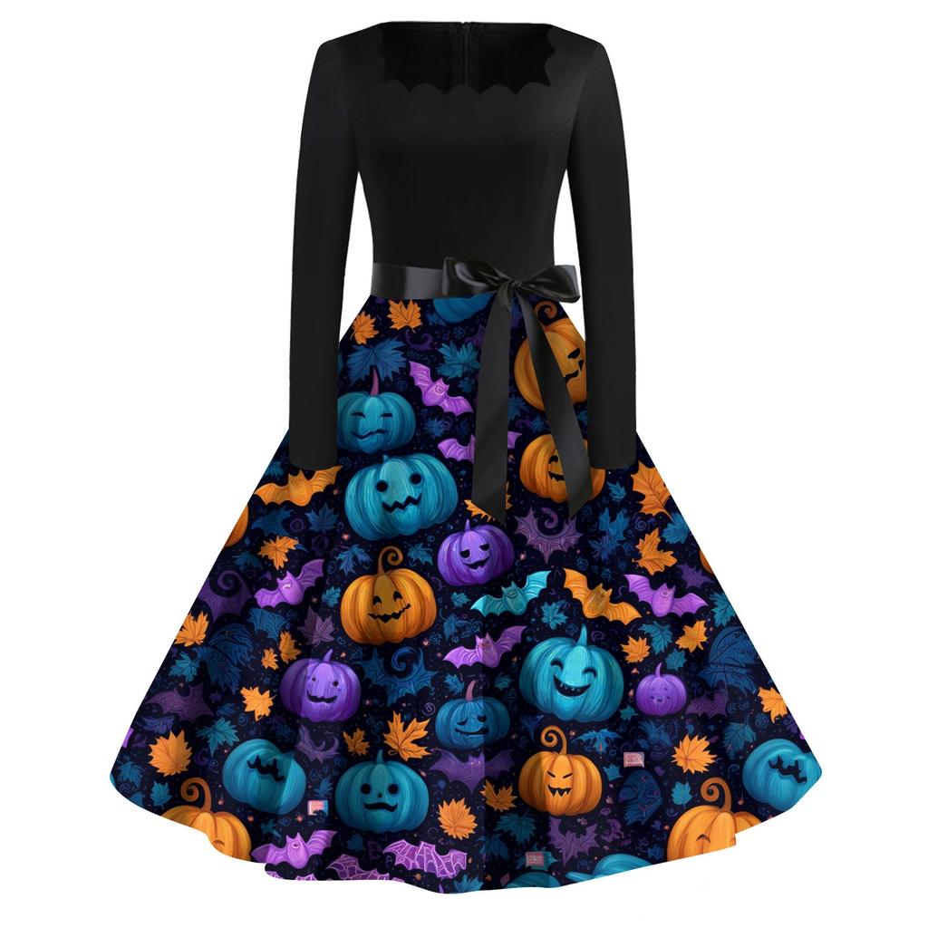 Women's Casual Fashion Halloween Printed Square Neck Vintage Dress