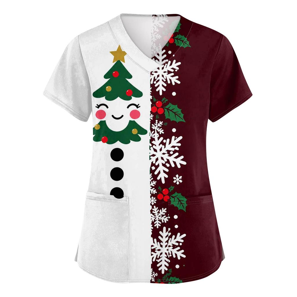 Women's V-Neck Short Sleeve Scrub Top with Christmas Print, Casual Caregiver Uniform
