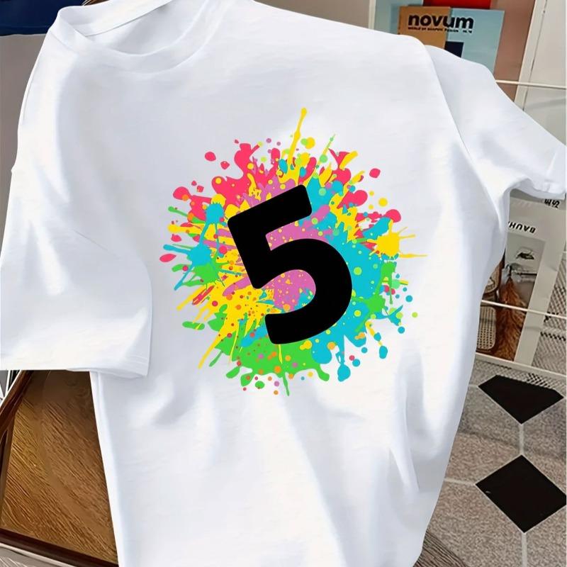 Kids Crewneck Short Sleeve T-Shirt, Doodle Number 5 Multicolor Splatter Print