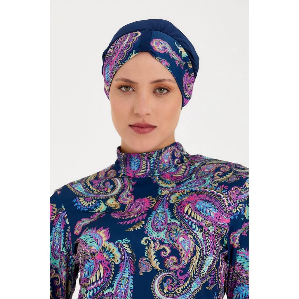 Women's Navy Blue Patterned Lycra Fully Covered Hijab Swimsuit