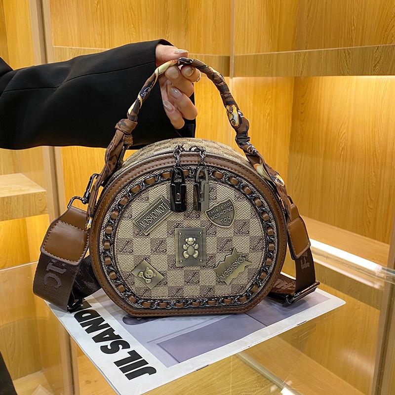 High-end Fashion Women's Small Round Bag, New Retro Printed Handbag, Casual Versatile Single Shoulder Oblique Span Bag