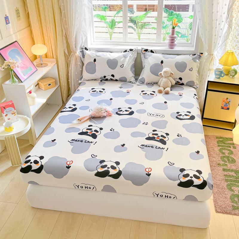 1pc Cotton Bed Sheet for Kids Panda Printed Cute Cartoon Style Fitted Bed Sheet with Elastic Band 360All-inclusive Bed Sheet