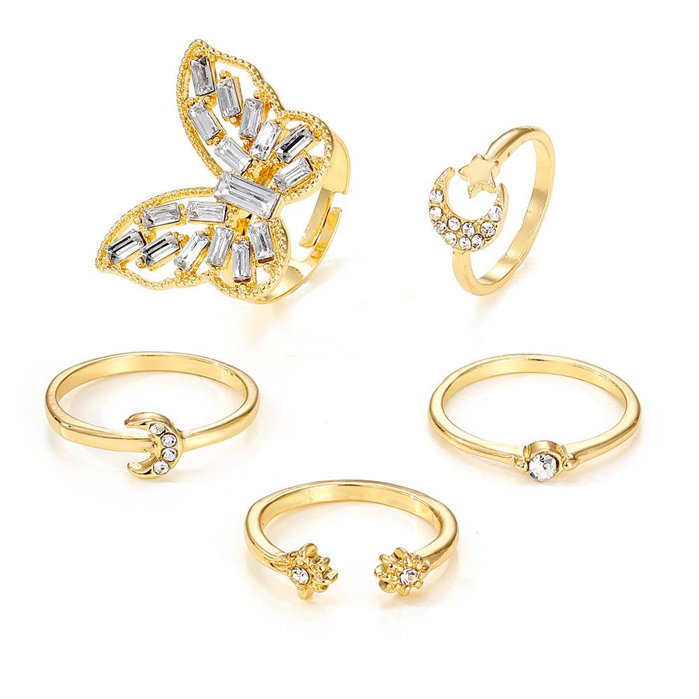 Light Luxury Style Personalized Diamond Butterfly Moon ring5A Set of Versatile, Vintage-style Metal Open Rings