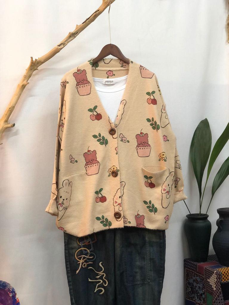 Factory new autumn and winter cute printed imitation mink velvet jacket women's Korean version loose lazy sweater