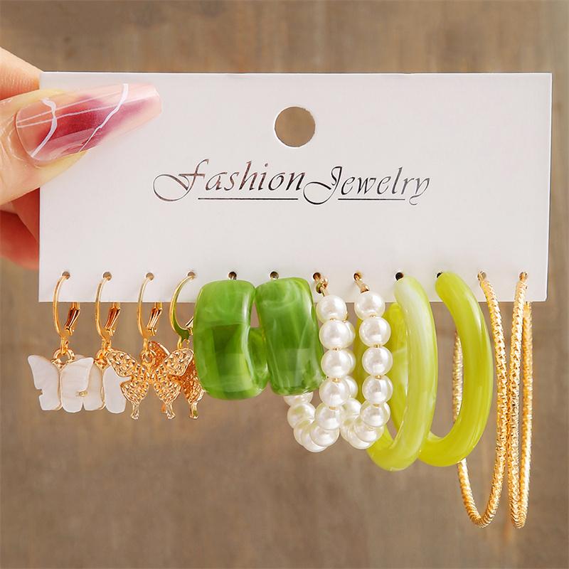 Trendy Colorful Earrings Set For Women Girls Green Resin Pearl Gold Color Metal Circle Dangle Earrings 2026 New Fashion