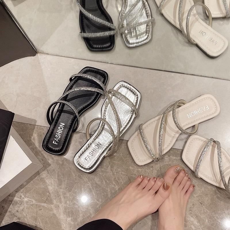 -Women's shoes cool slippers women's summer new wear rhinestone sandals one-word low-heeled flat slippers