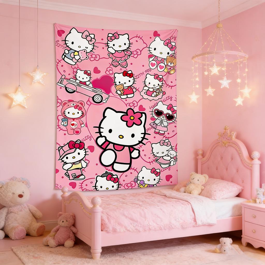Sanrio Hello Kitty Pink Tapestry MultiStyle Cartoon Printed Wall Decor Cute Bedroom Home Decor Hello Kitty Fan Gift Flat Print