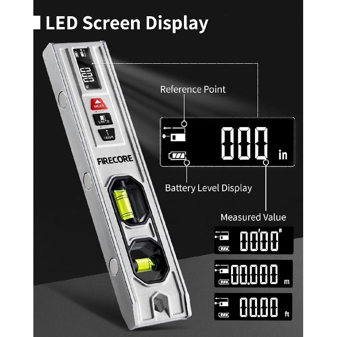 3-In-1 Spirit Level with 65ft Laser Distance Measure & 32ft Leveling Line, Firecore 9 Inch Torpedo Level Magnetic with Light, Rechargeable Small