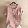 18 Colors S-5XL Women Cotton Linen Button Blouse Summer Female O-Neck Short Sleeve Solid Shirt Tops