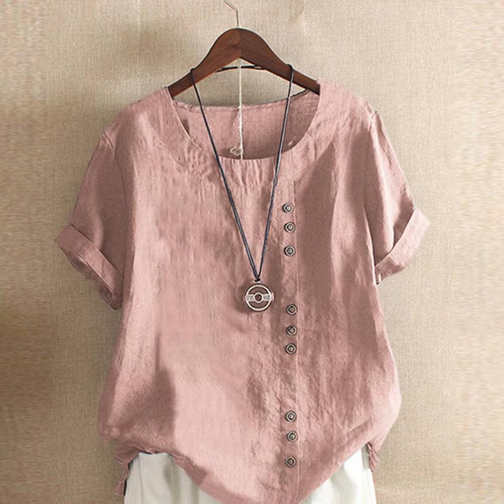 18 Colors S-5XL Women Cotton Linen Button Blouse Summer Female O-Neck Short Sleeve Solid Shirt Tops