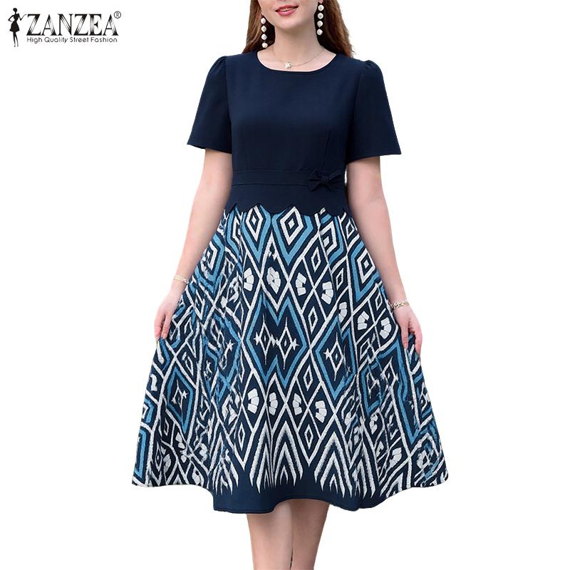 

ZANZEA Women Casual Round Neck Short Sleeve Retro Print Patchwork Dress S белый