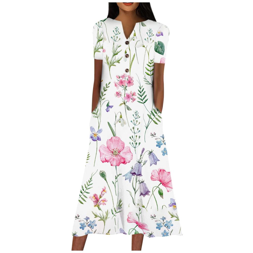 Women's V-neck Short Sleeve Dress Polka Print Casual Dress With Pockets