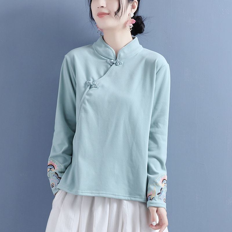 

Двусторонний немецкий бархат осенне-зимняя вышивка воротник-стойка с пряжкой топ женский в китайском стиле чайное платье рубашка женская XXXL зелёный