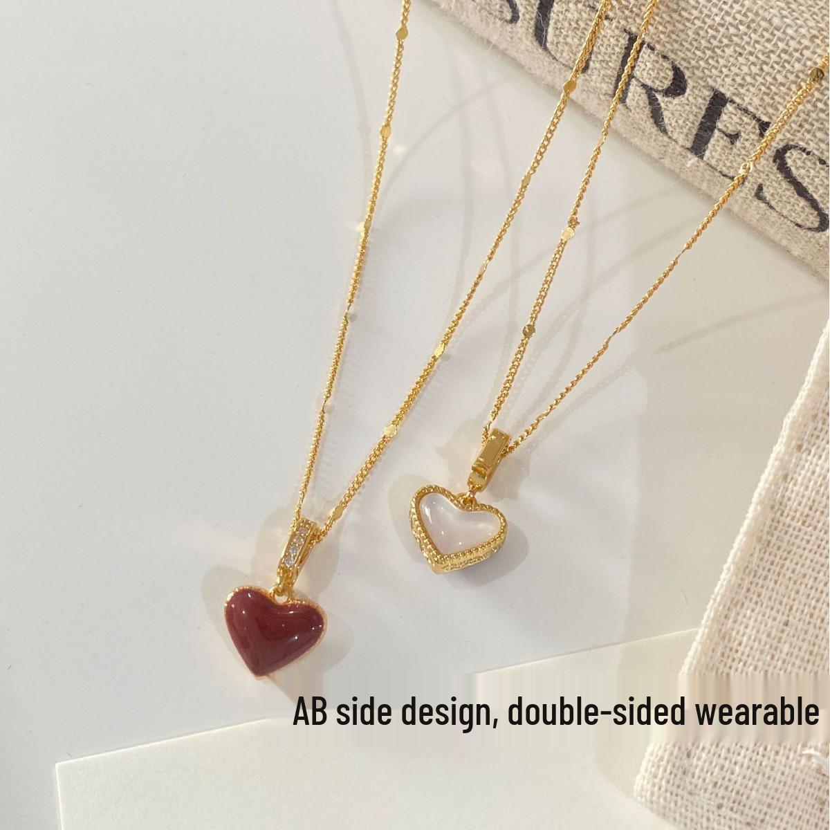 Elegant French Double-Sided Mother-of-Pearl Red Heart Pendant Necklace for Women with Detachable Clavicle Chain - Light Luxury and Exquisite Design
