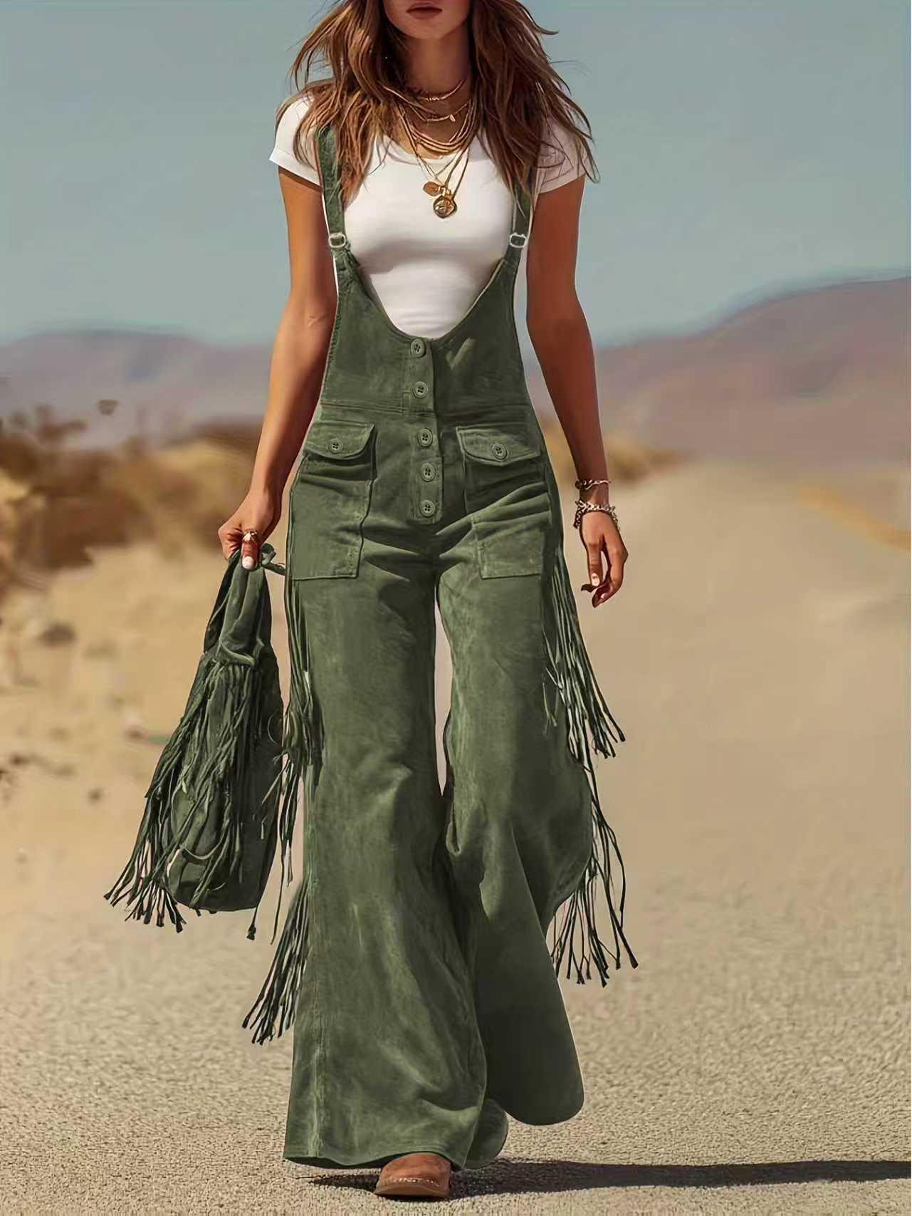 European & American Retro Suede Tassel Wide-Leg Overalls with Pocket Decoration Small