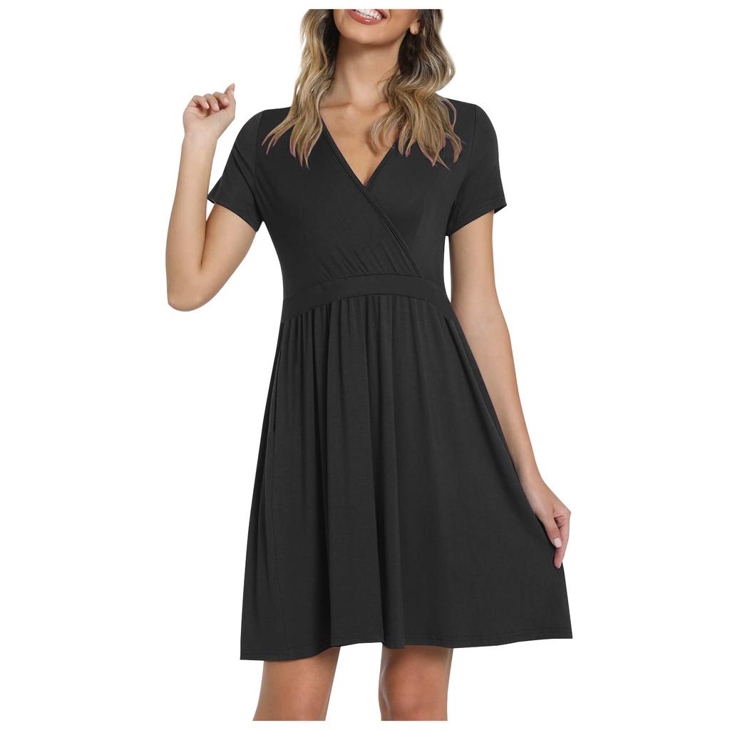Damen Lässiges Modefarben Kreuz V-Ausschnitt Kurzarm Taille A-Linie Großer Schwung Kleid