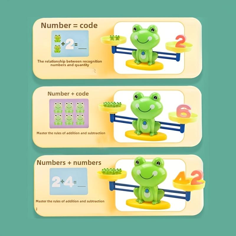 Frog balance math toy - green plastic, interactive weight stacking and counting game, suitable for young people