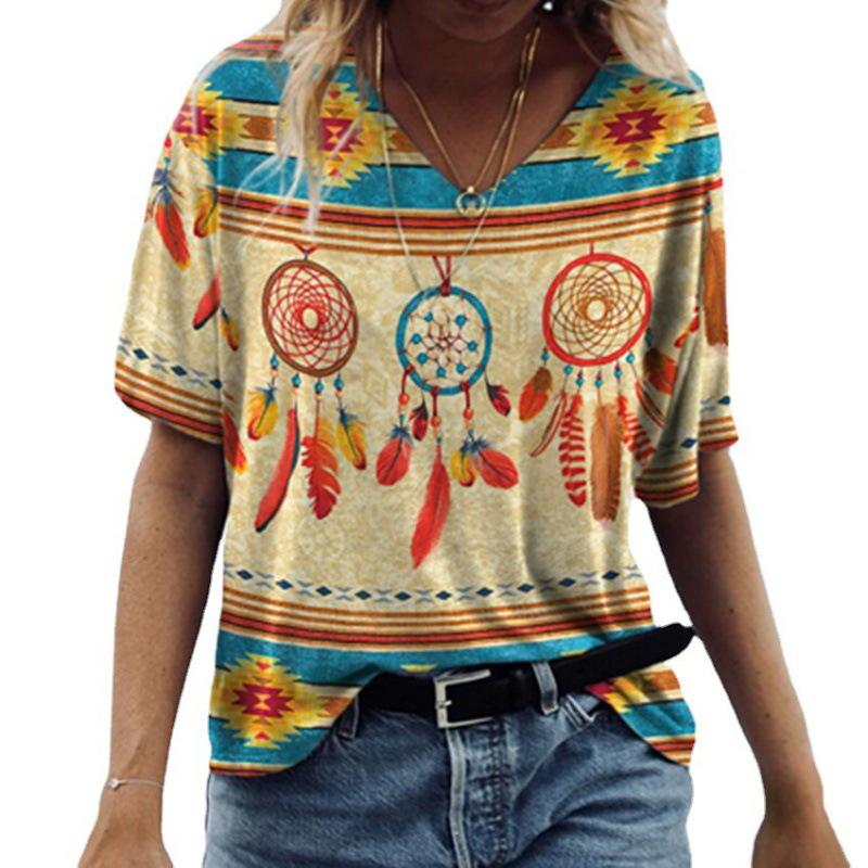 2025 Casual Sports Women's T-shirt Summer New Style Garden Collar Short Sleeve Ethnic Retro Loose Light Fabric Leisure