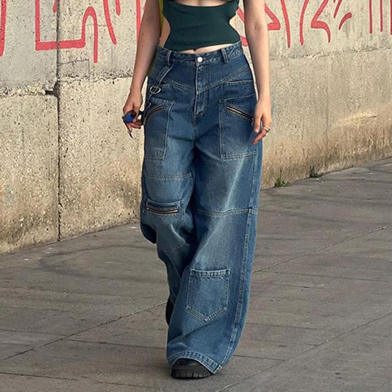 Fashion Multi Pockets Zippered Distressed Jeans for Women Streetwear New Loose Straight Leg Wide Leg Denim Pants Casual Elegant Long Trousers 732