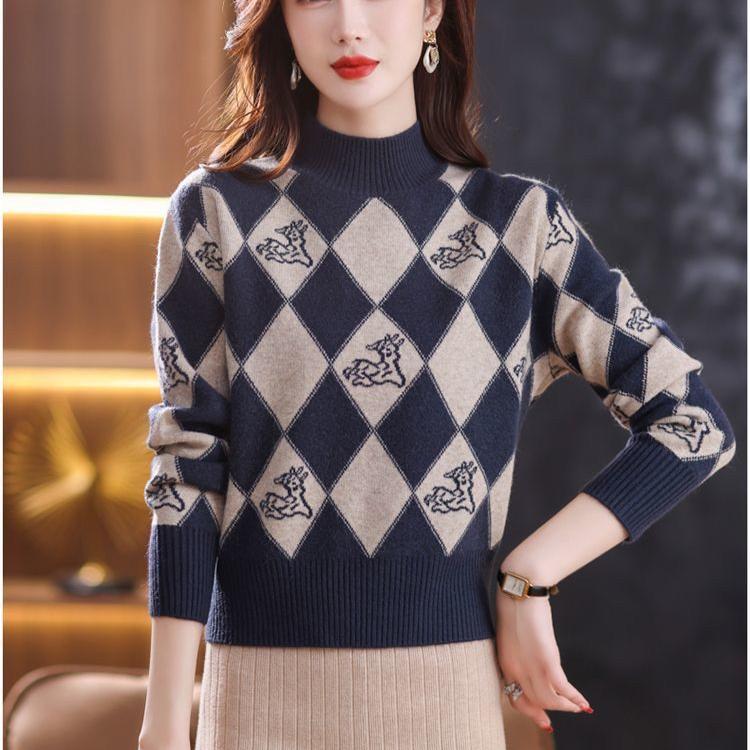 Fall/Winter Vintage Jacquard Sweater Women High Neck Knit Sweater Short Thick Loose Print Knitwear Top Jumper