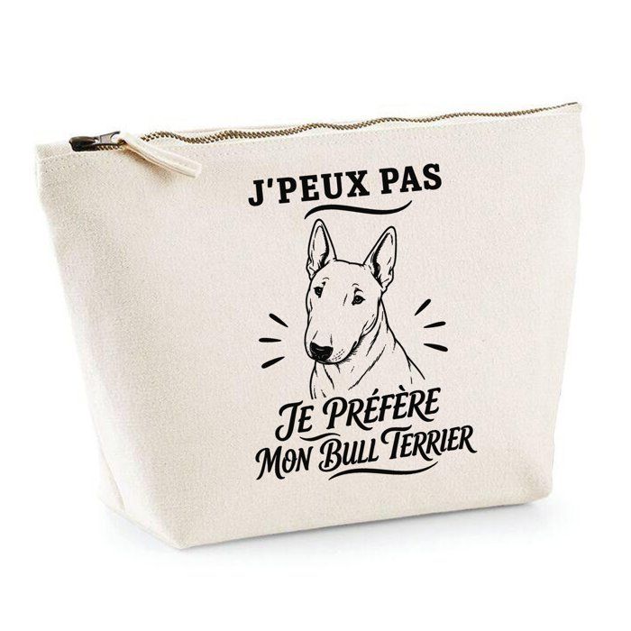 Trousse de toilette - PLANETEE - J'peux pas je préfère mon Bull Terrier - 100% coton beige - 3 L - Zip métal