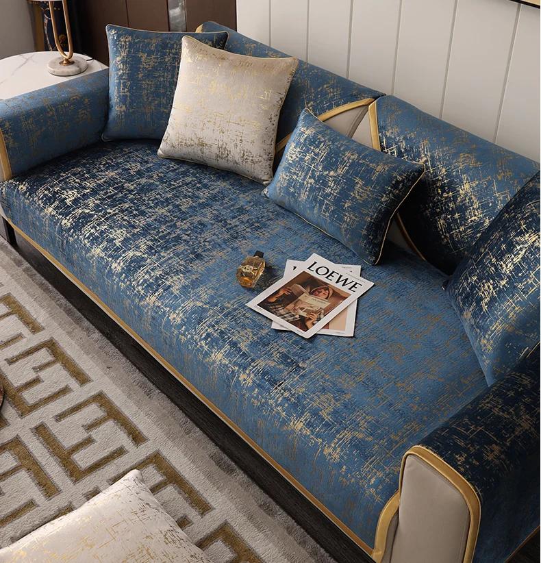 High-end Black Gold Leather Sofa Cushion Modern Non-slip Anti Cat Scratching Chair Pad Satin Edging Recliner Cover Towel Winter