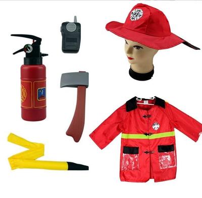 Firefighter Costume Set (Firefighter Coat, Hat, Fire Extinguisher, Walkie-Talkie (Siren), Axe, Hose) - Kids' Costume for Boys, Sizes 90cm-140cm -