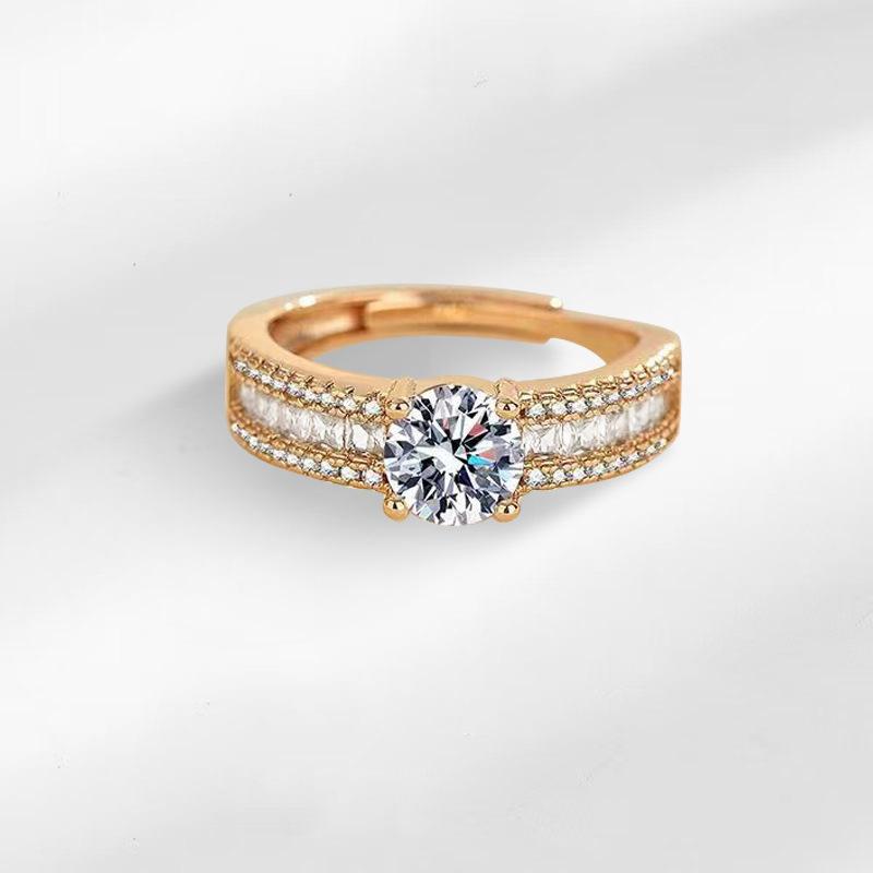 2026 Light Luxury Zircon Ring Women s Champagne Real Gold Niche Design Sense Open Ring Women s Jewelry Resizable  ﻿