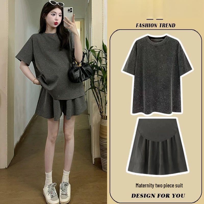 

2026 Chic Grey Maternity Two-Piece: Stylish Summer Short Sleeve Shorts & Skirt Set L: 110-130 jins