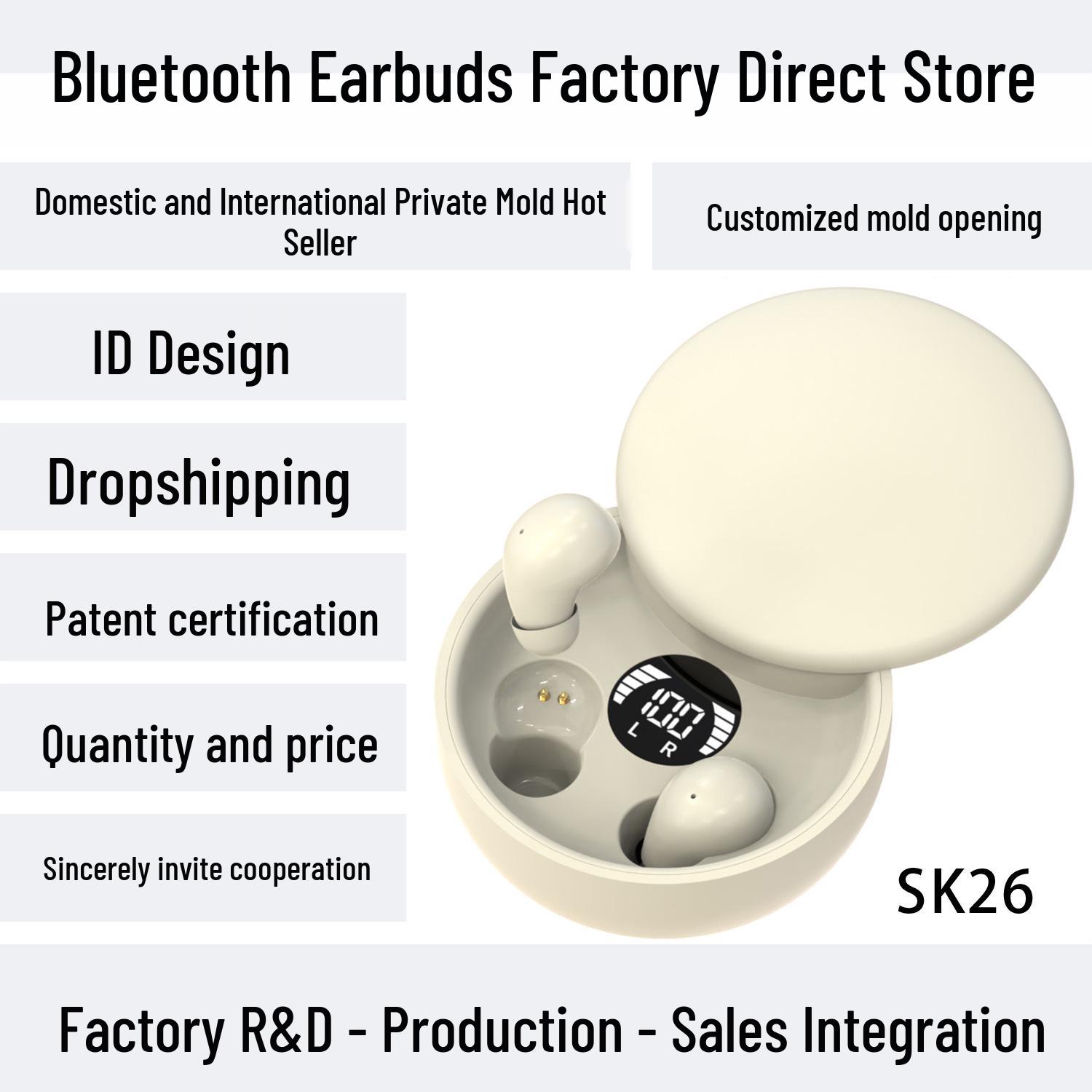 

SK26 Bluetooth Earbuds - Private Mold, Digital Display, No Flashing Lights, Patent Design, True Wireless, Ultra-long Battery Life. Flesh