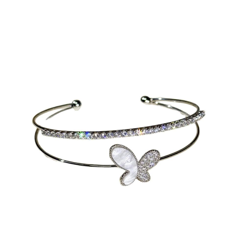 Zircon Double-Layer Flower Open Bangle - Exquisite, Light Luxury Bracelet for Versatile, Sophisticated Style.