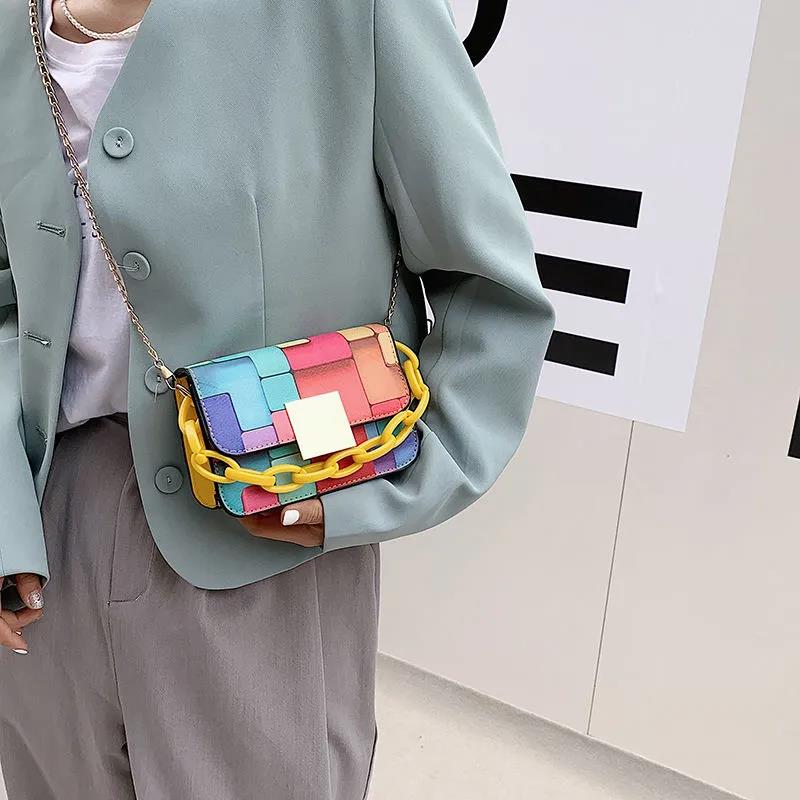 Women's Vintage Portable HandBag Versatile Single Shoulder Slant Across Bag Female Contrast Color Small Square Chain Bag