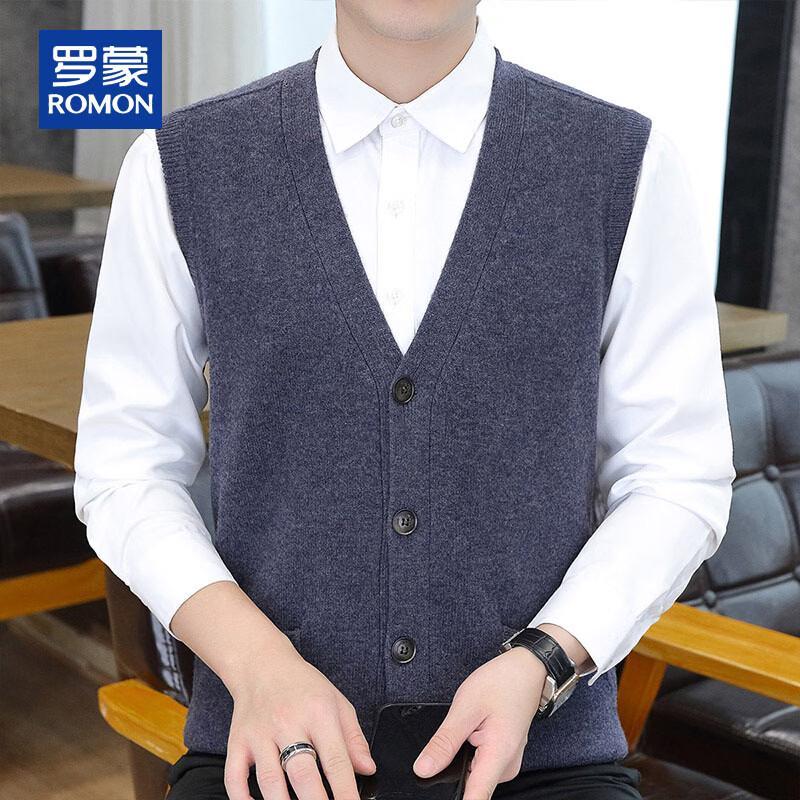 ROMON Men's 100% Merino Wool V-Neck Cardigan Vest