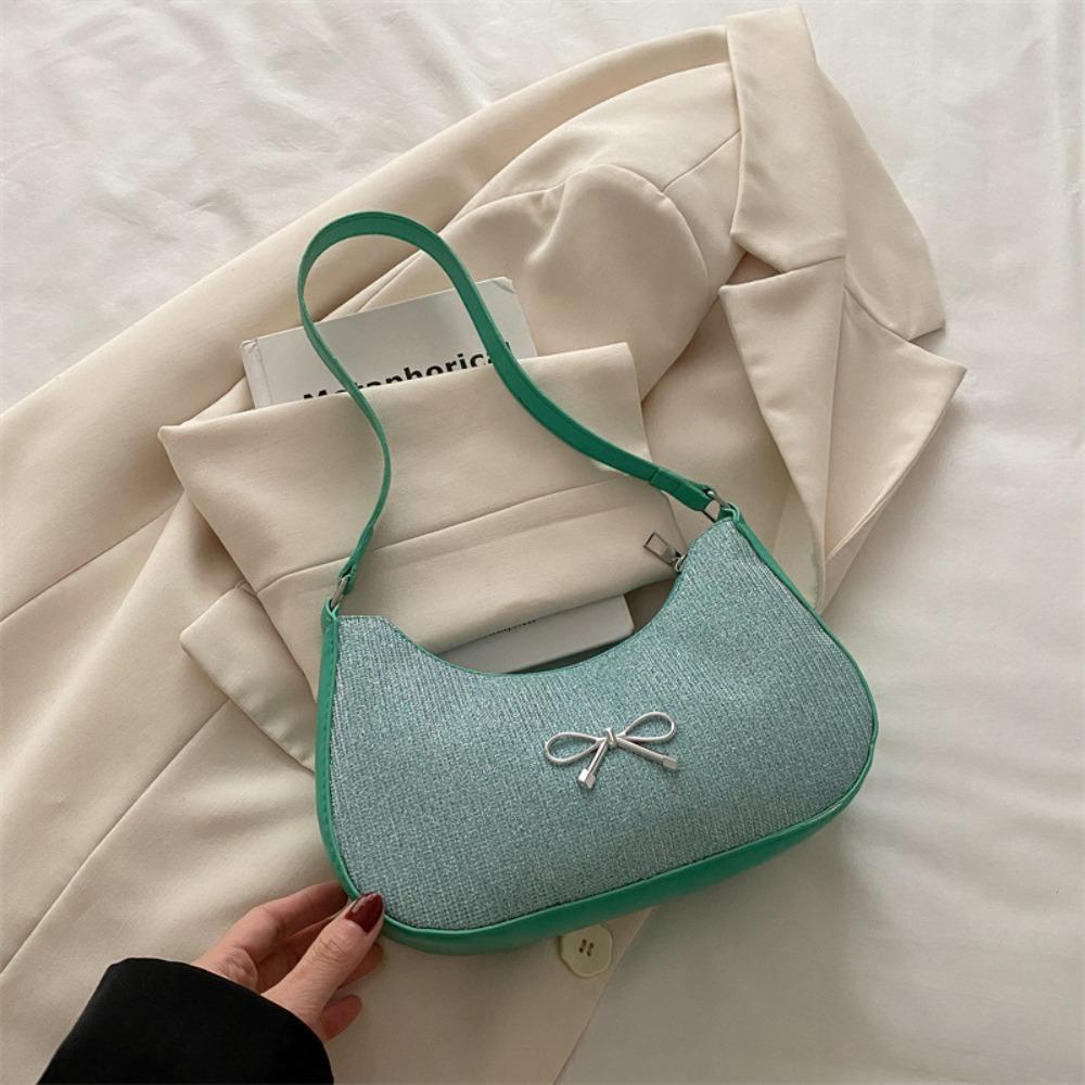 Solid Color Bowknot Shoulder Bag Shiny Women Handbag Simple Underarm Tote Bag  Lady