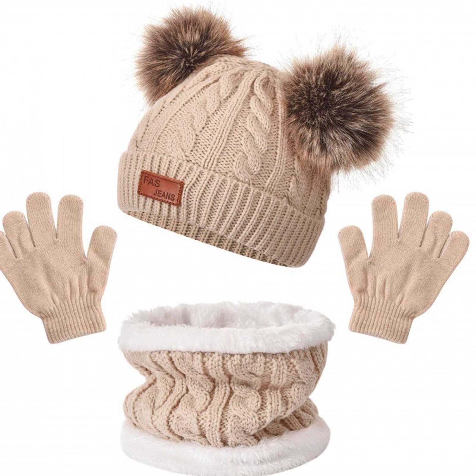 

Детские вязаные теплые шапки с 1 парой перчаток и шарфовТеплая зима One Size бежевый